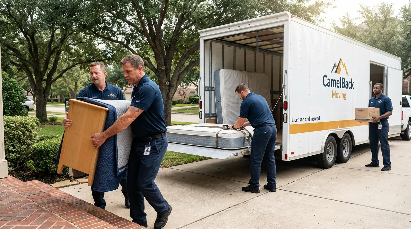 Crew loading residential truck for cross-state move from Biggs, CA