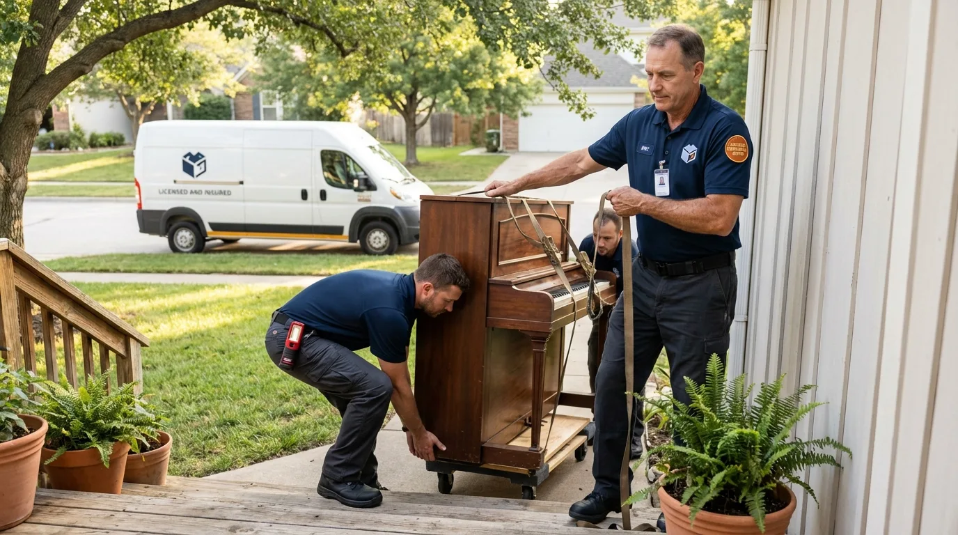 Licensed piano movers securing grand piano in Biggs, CA