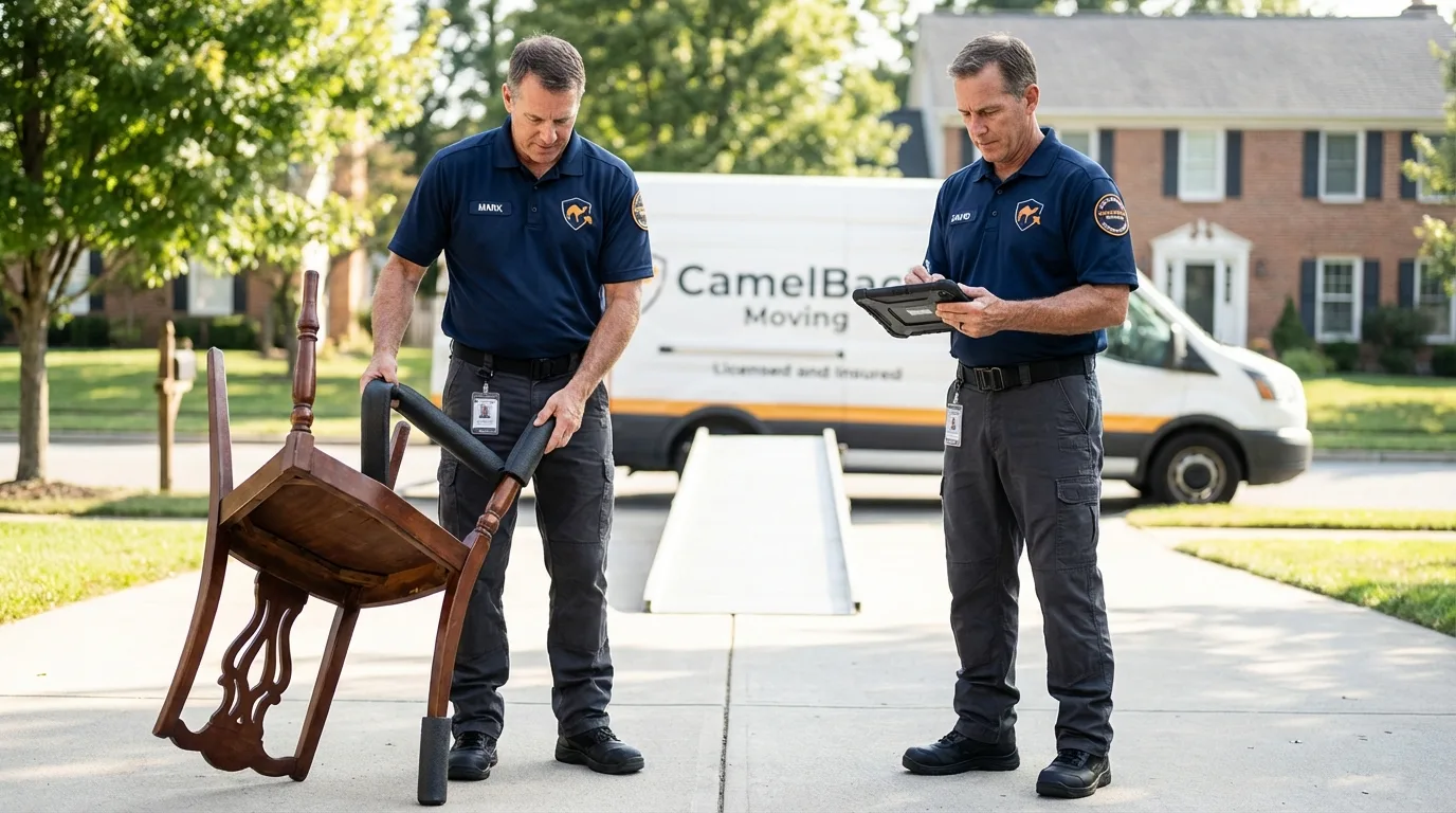 Movers inspecting furniture for damage prevention before loading in Biggs, CA