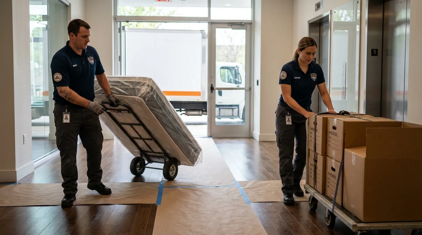 Professional apartment movers loading elevator in Biggs, CA